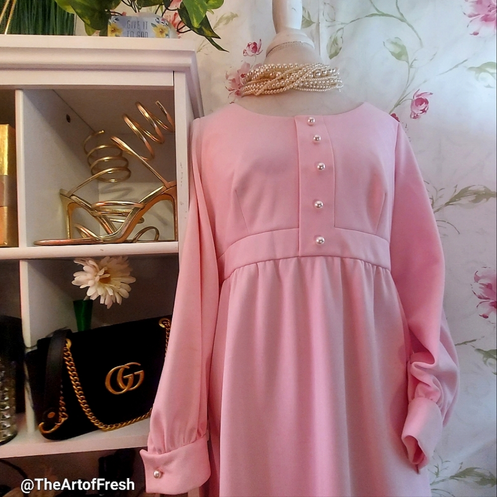 Vintage 70s Pastel Pink Maxi Gown Dress Curvy Cottage Style with Pearls